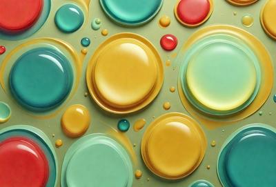 The primary subject of the image is a collection of colorful, round, and bubbly objects, which are likely part of a digital art or illustration. The setting is a green background, and the visual style appears to be a combination of photo and digital art. The colors and mood of the image are vibrant and lively, with the bubbly objects creating a sense of movement and energy.
