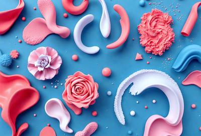 The primary subject of the image is a collection of various candy-themed items, including a pink rose, a white rose, and a pink heart. These items are displayed on a blue surface, which serves as the setting or background. The visual style of the image is a combination of photo and digital art, creating a unique and eye-catching presentation. The colors and mood of the image are predominantly pink and light-hearted, with the candy-themed items evoking a sense of play