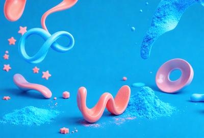 The primary subject of the image is a blue background with a pink and blue swirl design. The setting is a blue surface, and the visual style appears to be a combination of digital art and illustration. The dominant colors are blue and pink, creating a vibrant and lively atmosphere.