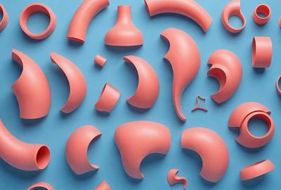 The primary subject of the image is a collection of pink and red plastic pieces, which are arranged in various shapes and sizes. The setting is a blue background, which provides a contrasting color to the plastic pieces. The visual style appears to be a combination of digital art and illustration, as the plastic pieces are arranged in a visually appealing manner. The colors and mood of the image are predominantly pink and red, creating a warm and inviting atmosphere.
