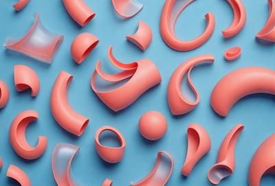 The primary subject of the image is a collection of pink and white vases, which are arranged in various shapes and sizes. The vases are placed on a blue surface, creating a visually appealing contrast between the vibrant colors of the vases and the cooler hue of the background. The overall atmosphere of the image is playful and artistic, as the vases are displayed in a creative and eye-catching manner.