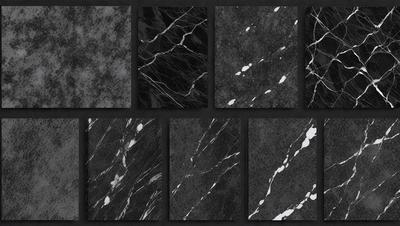 The primary subject of the image is a collection of six black and white photographs of marble surfaces. The setting is a black background, which provides a strong contrast to the marble images. The visual style is a mix of photography and digital art, as the images are presented in a collage format. The dominant colors are black and white, with the marble surfaces providing a natural and elegant appearance. The overall atmosphere of the image is sophisticated and elegant, showcasing the beauty of marble surfaces.