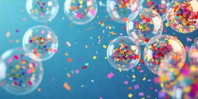 The primary subject of the image is a group of colorful bubbles floating in the air. The setting is a blue background, and the visual style appears to be a combination of photo and digital art. The colors and mood of the image are vibrant and lively, with the bubbles being the main focus of the scene.