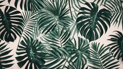 The image features a large, lush green palm tree with multiple leaves. The tree is prominently displayed in the foreground, creating a sense of depth and dimension. The background is a white wall, which provides a clean and minimalistic backdrop for the palm tree. The visual style of the image is a combination of a photo and a digital art, creating a realistic yet artistic representation of the palm tree. The colors and mood of the image are predominantly green, which is associated with nature, growth
