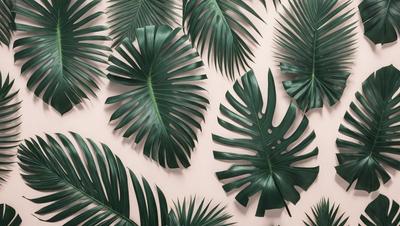The primary subject of the image is a large collection of green palm leaves. These leaves are arranged in a pattern, covering a pink wall. The setting is a room with a pink background, and the visual style is a close-up of the palm leaves. The dominant colors are green and pink, creating a lively and tropical atmosphere.