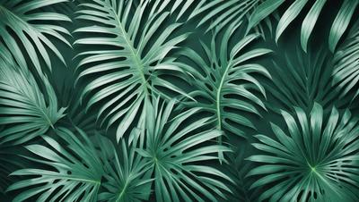 The image features a large green background with a dense, lush forest of palm trees. The palm trees are the primary subject, and they are depicted in various sizes and orientations. The setting is a tropical environment, and the visual style is a combination of photo and digital art. The colors and mood of the image are predominantly green, creating a serene and natural atmosphere.