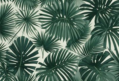 The image features a large, lush green palm tree with multiple leaves. The tree is surrounded by a white background, giving it a clean and fresh appearance. The palm tree is the primary subject of the image, and its vibrant green color and intricate leaf patterns create a sense of serenity and relaxation. The visual style of the image is a combination of photo and digital art, resulting in a realistic yet artistic representation of the palm tree.