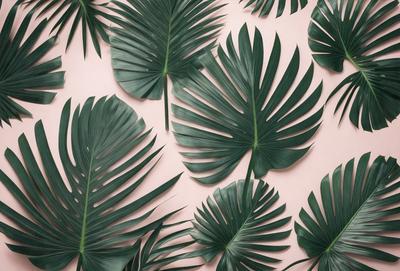 The image features a large collection of green palm leaves arranged in a visually appealing manner. The leaves are displayed on a pink background, creating a striking contrast between the two colors. The palm leaves are arranged in various shapes and sizes, creating a sense of depth and dimension in the scene. The overall atmosphere of the image is lively and vibrant, with the green palm leaves serving as the primary subject.