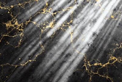 The primary subject of the image is a close-up of a wall with a gold-like texture. The setting is a dark room, and the visual style appears to be a combination of a photo and a digital art or illustration. The dominant colors in the image are black and gold, creating a moody and dramatic atmosphere.