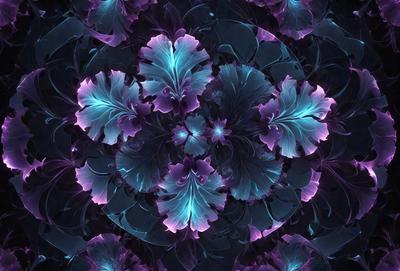 The primary subject of the image is a close-up of a purple flower with blue accents. The setting is a dark background, which contrasts with the vibrant colors of the flower. The visual style is a digital art or illustration, showcasing the intricate details of the flower. The dominant colors are purple and blue, creating a serene and calming atmosphere.