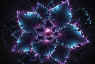 The primary subject of the image is a purple flower with a blue center, surrounded by a blue background. The visual style appears to be a digital art or illustration, with a vibrant and colorful appearance. The dominant colors are purple and blue, creating a serene and calming atmosphere.