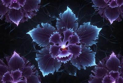 The primary subject of the image is a close-up of a purple flower with a yellow center. The setting is a dark background, which creates a dramatic and moody atmosphere. The visual style is a combination of a photo and digital art, as the flower appears to be a part of a larger pattern or design. The dominant colors are purple and blue, with the yellow center adding a pop of color to the scene.