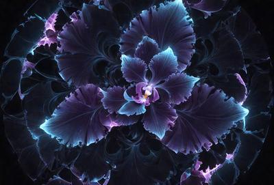 The primary subject of the image is a purple flower with a yellow center, surrounded by a blue background. The visual style appears to be a digital art or illustration, with the flower being the focal point of the composition. The colors and mood of the image are predominantly purple, blue, and yellow, creating a serene and calming atmosphere.