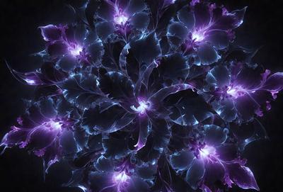 The primary subject of the image is a large, purple flower with a blue center. The flower is surrounded by a purple background, which adds to the overall mood of the image. The visual style of the image is a close-up of the flower, showcasing its intricate details. The colors and mood of the image are predominantly purple and blue, creating a serene and calming atmosphere.