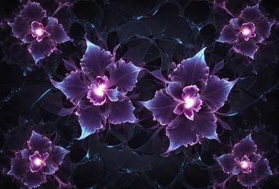 The primary subject of the image is a close-up of a purple flower. The setting is a dark background, which creates a dramatic and moody atmosphere. The visual style is a combination of a photo and digital art, as the flower is depicted in a patterned and textured manner. The dominant colors are purple and blue, which contribute to the overall mood of the image.