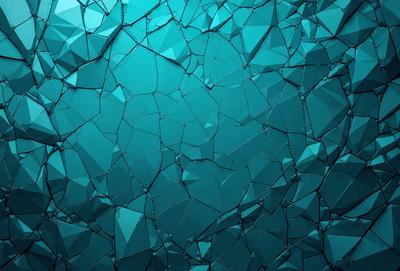 The primary subject of the image is a blue, shattered glass surface. The setting is a dark blue background, which contrasts with the shattered glass. The visual style is a combination of a photo and digital art, creating a unique and intriguing appearance. The colors and mood of the image are predominantly dark and moody, with the blue shattered glass adding a sense of depth and complexity to the scene.