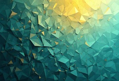 The primary subject of the image is a blue and gold geometric pattern. The setting is a blue background, and the visual style appears to be a digital art or illustration. The dominant colors are blue and gold, creating a calm and soothing atmosphere.