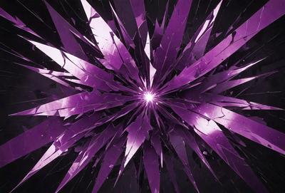 The primary subject of the image is a purple, glass-like object that resembles a flower or a star. The setting is a dark background, which contrasts with the purple object. The visual style appears to be a combination of digital art and illustration, creating a unique and eye-catching design. The colors and mood of the image are predominantly purple, giving it a vibrant and artistic atmosphere.