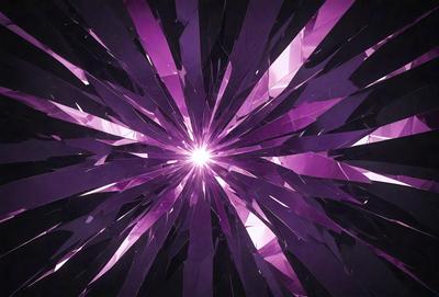 The primary subject of the image is a purple, pink, and black geometric pattern. The pattern is composed of multiple triangles and appears to be a close-up of a glass or crystal surface. The setting is a dark background, which contrasts with the vibrant colors of the pattern. The visual style of the image is a combination of digital art and illustration, creating a unique and eye-catching design. The dominant colors of the image are purple, pink, and black, giving it a bold and
