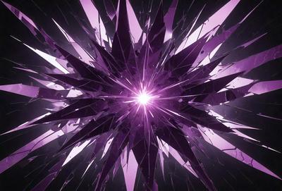 The primary subject of the image is a purple, glass-like structure with a bright light shining through it. The setting is a dark background, which contrasts with the bright light. The visual style appears to be a combination of digital art and illustration, creating a unique and eye-catching design. The colors and mood of the image are predominantly purple, giving it a mysterious and intriguing atmosphere.