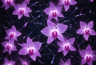 The primary subject of the image is a close-up of purple flowers, with a total of 14 flowers in various positions. The setting is a dark background, which contrasts with the bright purple flowers. The visual style is a combination of a photo and digital art, creating a unique and eye-catching pattern. The colors and mood of the image are predominantly purple, giving it a calm and serene atmosphere.