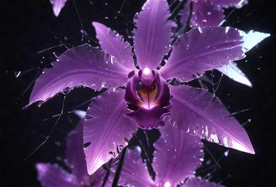 The primary subject of the image is a purple orchid flower. The setting is a dark room, and the visual style appears to be a digital art or illustration. The dominant colors in the image are purple and pink, creating a calm and serene atmosphere.