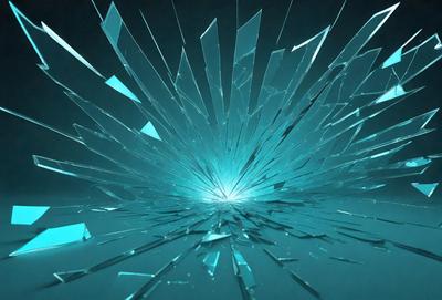 The primary subject of the image is a large, shattered glass piece, which appears to be a blue and white shard. The setting is a dark background, which contrasts with the shattered glass. The visual style is a close-up of the shattered glass, showcasing its intricate details. The colors and mood of the image are predominantly dark and moody, with the blue and white shard standing out against the black background.