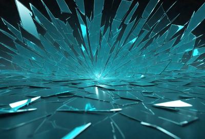 The primary subject of the image is a large, blue, shattered glass surface. The setting is a dark, blue background, which contrasts with the shattered glass. The visual style is a digital art or illustration, creating a unique and intriguing appearance. The colors and mood of the image are predominantly dark and moody, with the blue shattered glass adding a sense of depth and complexity to the scene.