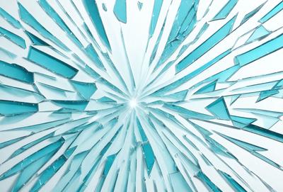 The primary subject of the image is a large, circular, blue glass window. The window is shattered, creating a unique and artistic visual effect. The setting is a white wall, which serves as the background for the broken glass window. The visual style of the image is a combination of photo and digital art, as it captures the shattered glass in a visually appealing manner. The colors and mood of the image are predominantly blue, with the shattered glass creating a sense of depth and intrigue