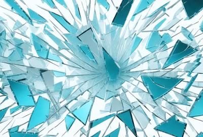 The primary subject of the image is a large, clear glass window with a blue tint. The window is shattered, creating a unique visual effect. The setting is an indoor environment, possibly a room or a building. The visual style of the image is a combination of photo and digital art, as it appears to be a photograph of a digital art piece. The colors and mood of the image are predominantly blue, giving it a calm and serene atmosphere.