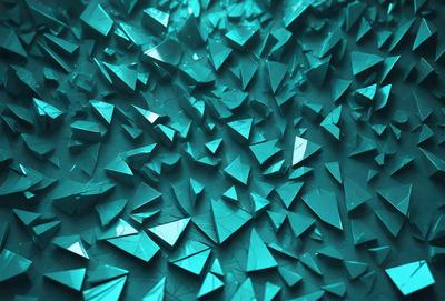 The primary subject of the image is a close-up of a blue, textured surface with a pattern of triangles. The setting appears to be a dark room, and the visual style is a combination of digital art and illustration. The dominant colors in the image are blue and green, creating a calm and serene atmosphere.