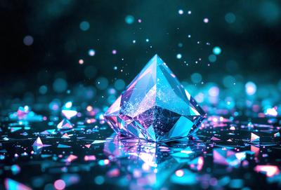 The primary subject of the image is a large, blue, three-sided crystal. The setting is a dark, blue background, which contrasts with the bright blue crystal. The visual style is a digital art, as the image appears to be a digital rendering of the crystal. The colors and mood of the image are predominantly blue, creating a sense of depth and tranquility.