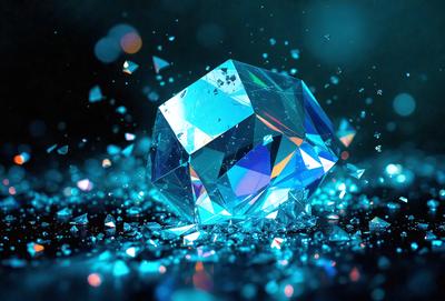 The primary subject of the image is a large, colorful, and shiny crystal. The setting is a dark background, which contrasts with the bright colors of the crystal. The visual style appears to be a combination of photo and digital art, creating a unique and eye-catching image. The dominant colors are blue and purple, giving the scene a vibrant and lively atmosphere.