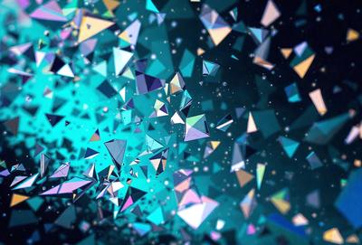 The primary subject of the image is a colorful, geometric pattern made up of various shapes and colors. The setting is a dark background, which contrasts with the vibrant colors of the pattern. The visual style is a combination of digital art and illustration, creating a unique and eye-catching design. The dominant colors are blue, green, and purple, giving the pattern a calming and soothing atmosphere.