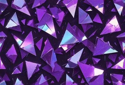 The primary subject of the image is a pattern of purple triangles. The setting is a dark background, which contrasts with the purple triangles. The visual style is a combination of digital art and illustration, creating a unique and eye-catching design. The colors and mood of the image are predominantly purple, giving it a calm and soothing atmosphere.