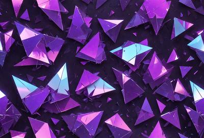 The primary subject of the image is a collection of purple and blue triangles. These triangles are arranged in various orientations and sizes, creating a visually interesting pattern. The setting is a dark background, which contrasts with the vibrant colors of the triangles. The visual style of the image is a combination of digital art and illustration, giving it a unique and artistic appearance. The dominant colors of the image are purple and blue, which evoke a sense of calmness and creativity.