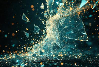 The primary subject of the image is a close-up of a shattered glass, with the setting being a dark background. The visual style is a combination of digital art and illustration, creating a dynamic and artistic representation of the broken glass. The colors and mood of the image are predominantly dark, with the shattered glass being the main focus and source of visual interest.
