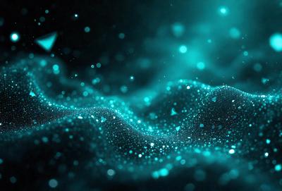 The primary subject of the image is a blue, swirling, and sparkling pattern. The setting is a dark background, which contrasts with the bright blue swirls. The visual style is a combination of digital art and illustration, creating a dynamic and captivating scene. The colors and mood are predominantly blue, with a sense of movement and energy.
