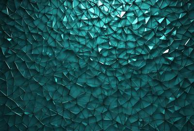 The primary subject of the image is a blue glass wall with a pattern of triangles. The setting is a room with a blue background, and the visual style is a combination of photo and digital art. The dominant colors are blue and white, creating a calm and serene atmosphere.