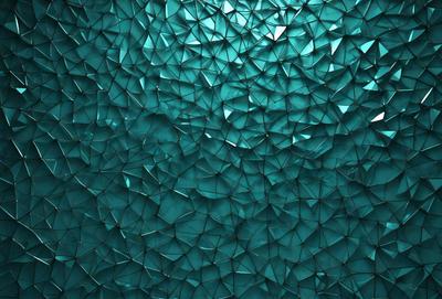 The primary subject of the image is a blue glass wall with a pattern of triangles. The setting is a room with a blue background, and the visual style is a combination of photo and digital art. The dominant colors are blue and white, creating a calm and serene atmosphere.