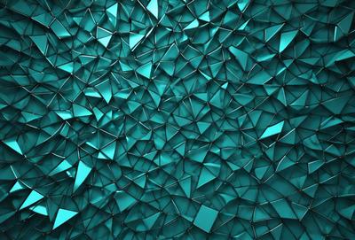 The primary subject of the image is a blue wall with a pattern of triangles. The setting is a room with a blue background, and the visual style is a combination of photo and digital art. The dominant colors are blue and white, creating a calm and soothing atmosphere.