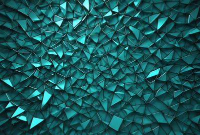 The primary subject of the image is a blue wall with a pattern of triangles. The setting is a room with a blue background, and the visual style appears to be a digital art or illustration. The dominant colors are blue and white, creating a calm and soothing atmosphere.