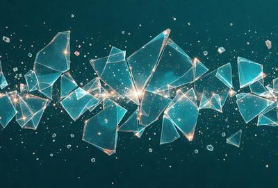 The primary subject of the image is a close-up of a glass shard, which is the main object in the scene. The setting is a dark blue background, creating a moody atmosphere. The visual style is a digital art or illustration, as the glass shard is depicted in a detailed and artistic manner. The colors are predominantly dark blue and the glass shard is illuminated by a bright light, creating a contrast between the darkness of the background and the light of the glass shard.