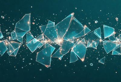 The primary subject of the image is a close-up of a shattered glass, with the shards of glass illuminated by a bright light. The setting is a dark background, which contrasts with the glass and the light source. The visual style is a combination of digital art and illustration, creating a striking and visually appealing image. The colors and mood are predominantly dark, with the bright light source adding a sense of energy and dynamism to the scene.