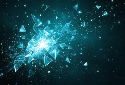 The primary subject of the image is a large, brightly lit blue crystal. The setting is a dark, starry background, which contrasts with the bright blue crystal. The visual style is a combination of digital art and illustration, creating a unique and eye-catching design. The colors and mood of the image are predominantly blue, with a sense of wonder and awe.