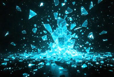 The primary subject of the image is a large, blue, shattered glass piece. The setting is a dark room with a blue background, creating a dramatic and moody atmosphere. The visual style is a combination of digital art and illustration, as the glass appears to be digitally manipulated and the overall composition is artistic. The colors and mood convey a sense of mystery and intrigue, as the viewer is drawn to the shattered glass piece amidst the darkness.