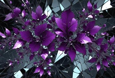 Purple flowers are the primary subject of the image. They are displayed in a mirrored setting, which adds depth and interest to the scene. The visual style of the image is a combination of photo and digital art, creating a unique and eye-catching composition. The dominant colors in the image are purple and black, giving the scene a moody and dramatic atmosphere.