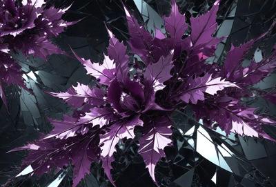 The primary subject of the image is a purple flower with green leaves. The setting is a black background, which creates a striking contrast with the purple flower. The visual style is a close-up of the flower, showcasing its details. The dominant colors are purple and green, giving the image a vibrant and lively atmosphere.