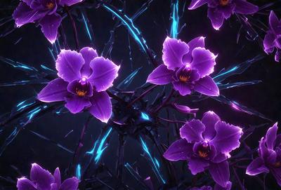 Purple flowers with blue stems, growing in a dark purple background.