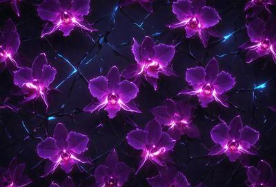 The primary subject of the image is a close-up of purple flowers, with a total of 14 flowers visible in the scene. The flowers are arranged in a pattern, creating a visually appealing and artistic display. The setting is a dark background, which contrasts with the vibrant purple flowers, making them stand out even more. The visual style of the image is a combination of photo and digital art, as it captures the beauty of the flowers in a unique and creative manner. The colors and m